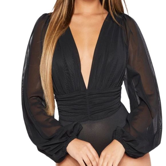 PrettyLittleThing Tops - 🆕 PRETTYLITTLETHING Black Mesh Ruched Waistband Bodysuit Size 12